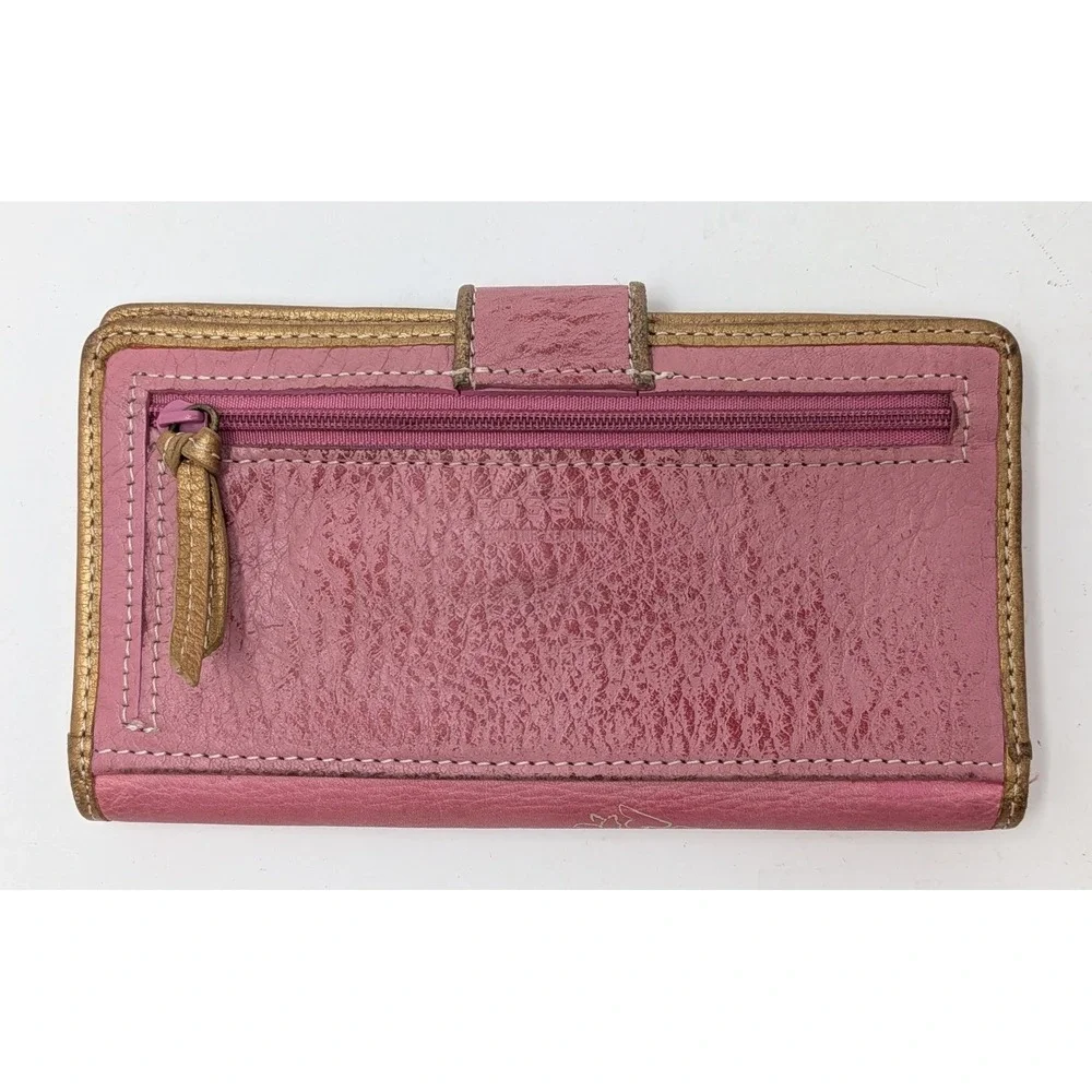 Fossil Pink Floral Leather Checkbook Wallet Boho Embroidered Studded Organizer